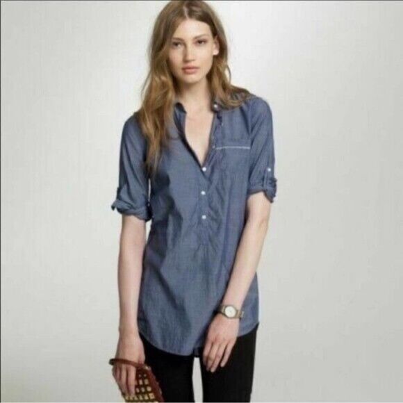 J. Crew Chambray Convertible Sleeve Cotton Half Button Down Shirt Size Small - Picture 1 of 7